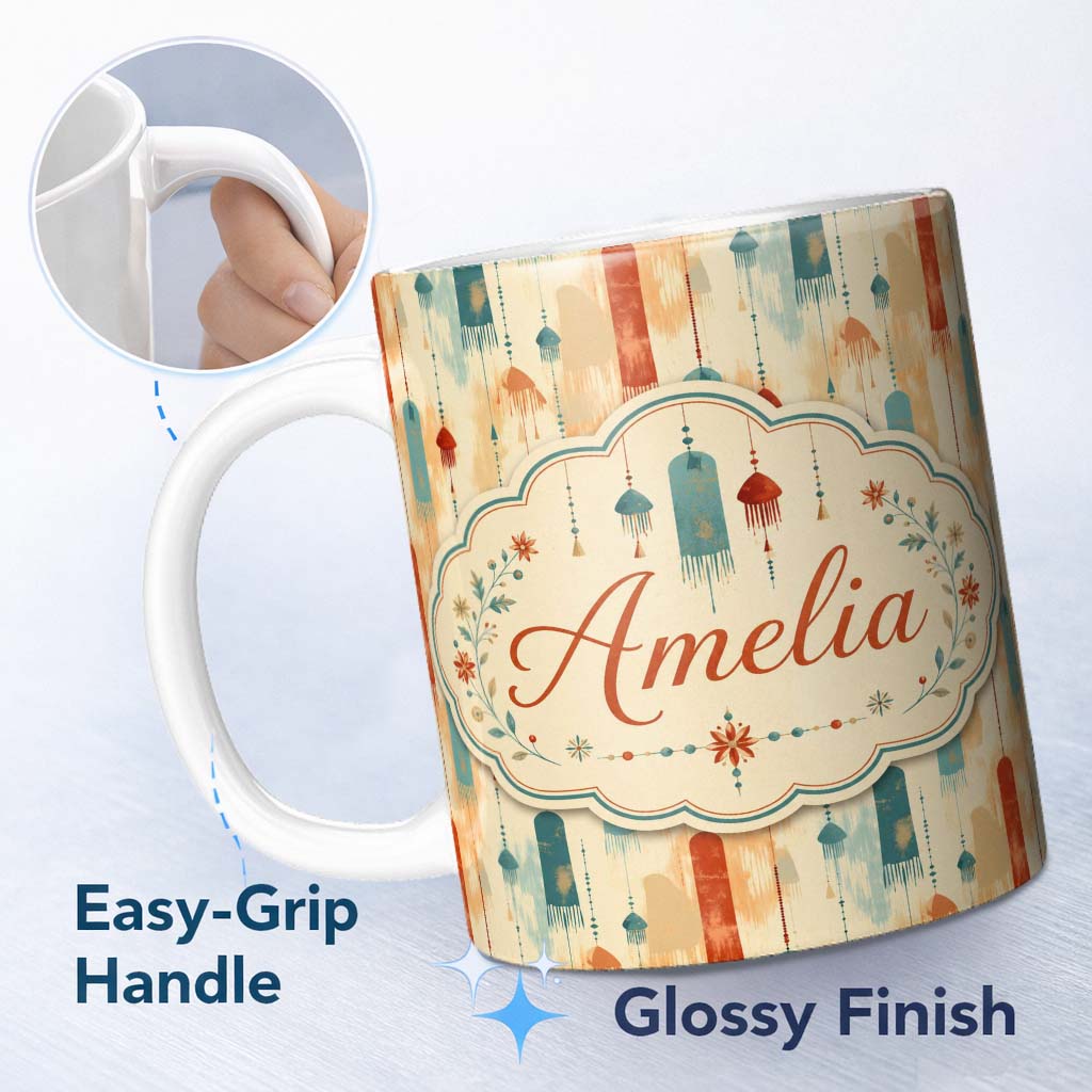 Personalized Custom Name Abstract Hanging Tassels and Brushstroke Background Seamless Pattern 11oz Ceramic Coffee Tea Mug White Large Handle