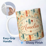 Personalized Custom Name Abstract Hanging Tassels and Brushstroke Background Seamless Pattern 11oz Ceramic Coffee Tea Mug White Large Handle