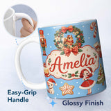 Personalized Custom Name Christmas Nutcracker Squirrel Cake Candy Cane Girl Tree Blue Snow 11oz Ceramic Coffee Tea Mug White Large Handle