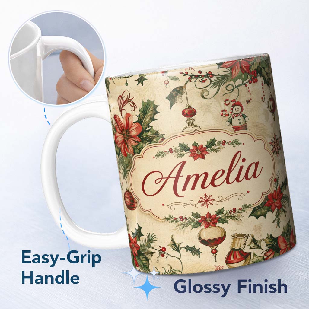 Personalized Custom Name Classic Christmas Holly Poinsettia Baubles Seamless Pattern Festive 11oz Ceramic Coffee Tea Mug White Large Handle
