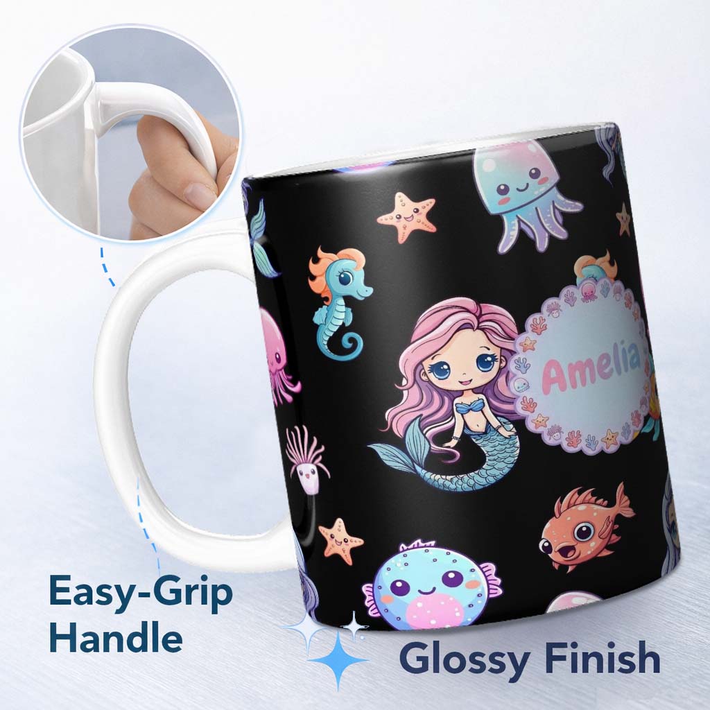 Personalized Custom Name Cute Kawaii Mermaid Seahorse Jellyfish and Starfish on Black Lovely 11oz Ceramic Coffee Tea Mug White Large Handle