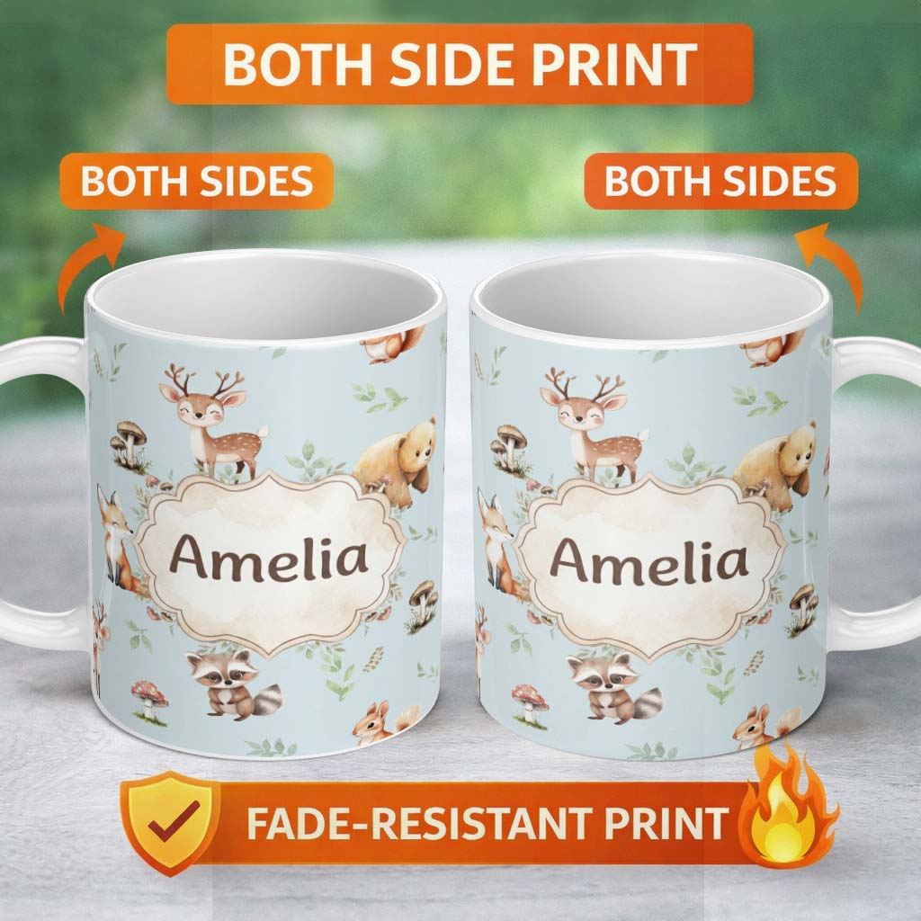 Personalized Custom Name Woodland Deer Bear Fox Owl Raccoon Leaves Mushrooms Blue Seamless 11oz Ceramic Coffee Tea Mug White Large Handle