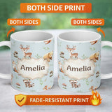 Personalized Custom Name Woodland Deer Bear Fox Owl Raccoon Leaves Mushrooms Blue Seamless 11oz Ceramic Coffee Tea Mug White Large Handle