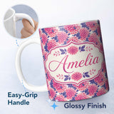 Personalized Custom Name Pink Dahlia Floral Bloom with Soft Purple Leaves Seamless Pattern 11oz Ceramic Coffee Tea Mug White Large Handle