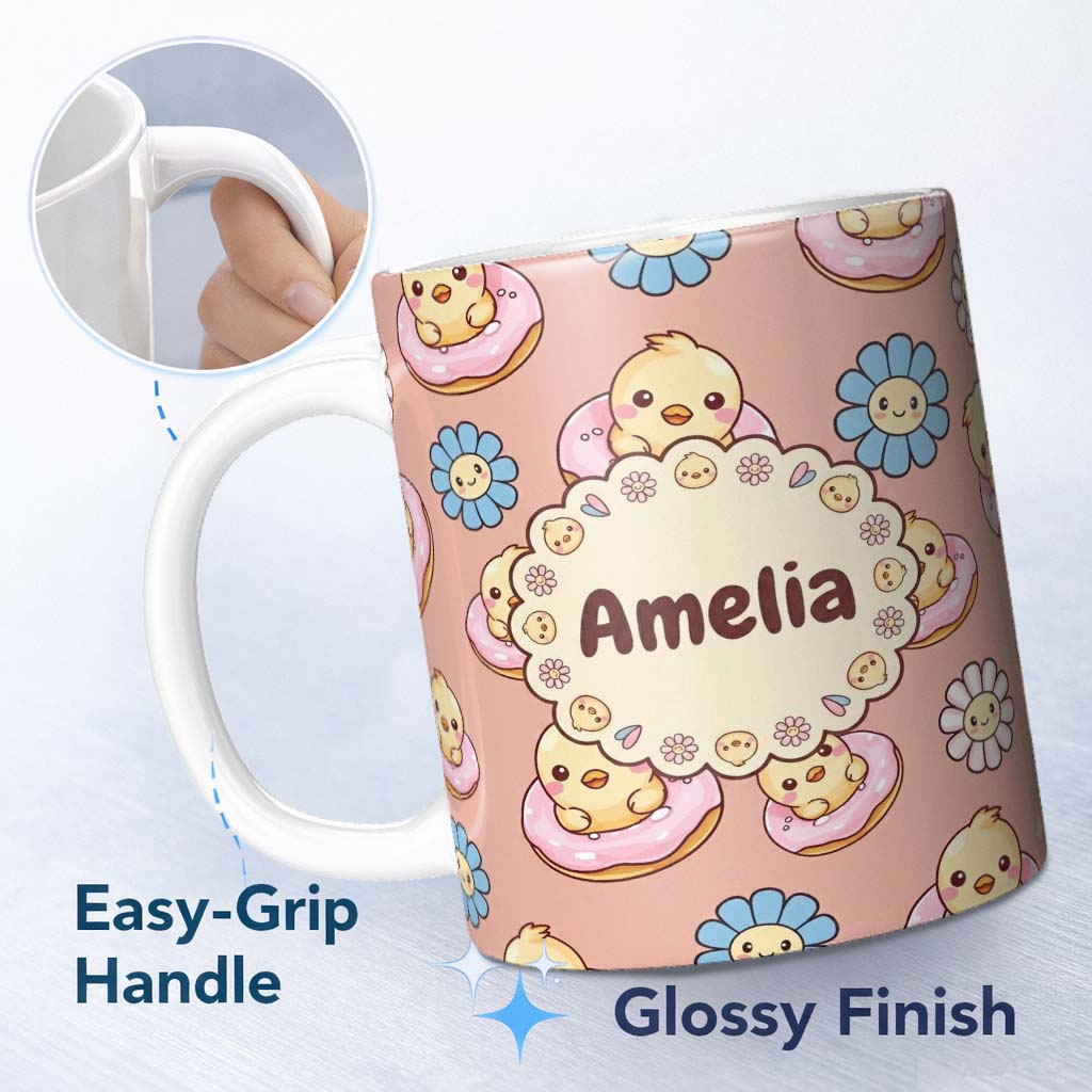 Personalized Custom Name Cute Baby Chick Donut Flowers Seamless Pattern Peach Background 11oz Ceramic Coffee Tea Mug White Large Handle