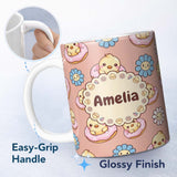Personalized Custom Name Cute Baby Chick Donut Flowers Seamless Pattern Peach Background 11oz Ceramic Coffee Tea Mug White Large Handle
