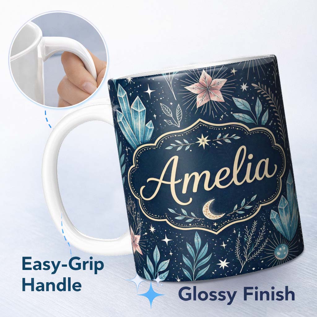 Personalized Custom Name Celestial Butterfly Moon Stars Night Sky Botanical Seamless Pattern 11oz Ceramic Coffee Tea Mug White Large Handle