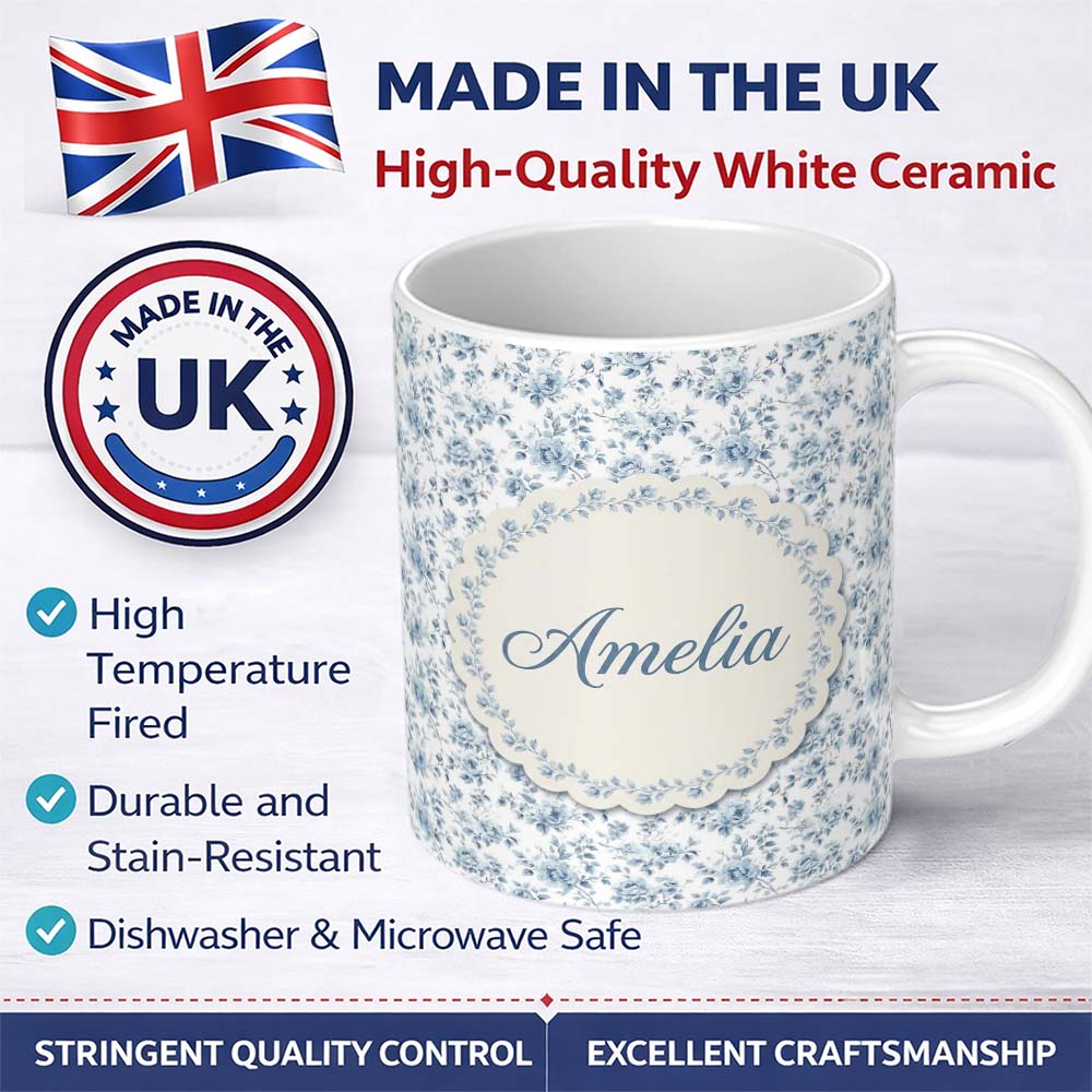 Personalized Custom Name Vintage Blue Floral Rose Botanical Seamless Pattern Cute Unique Gift 11oz Ceramic Coffee Tea Mug White Large Handle