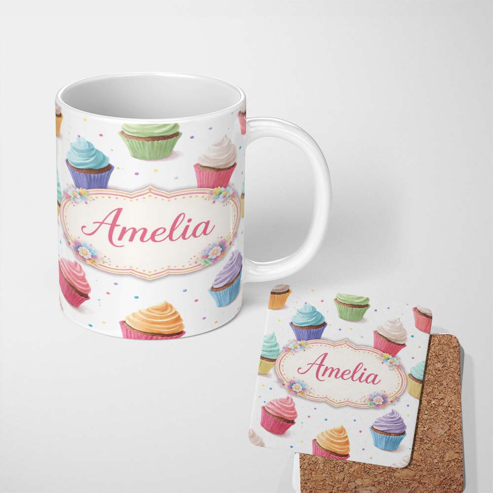 Personalized Custom Name Hand Drawn Cupcake Seamless Pattern Pastel Dessert Illustration 11oz Ceramic Coffee Tea Mug White Large Handle