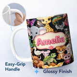 Personalized Custom Name Cute Cartoon Jungle Safari Animals Seamless Pattern on Black Lovely 11oz Ceramic Coffee Tea Mug White Large Handle