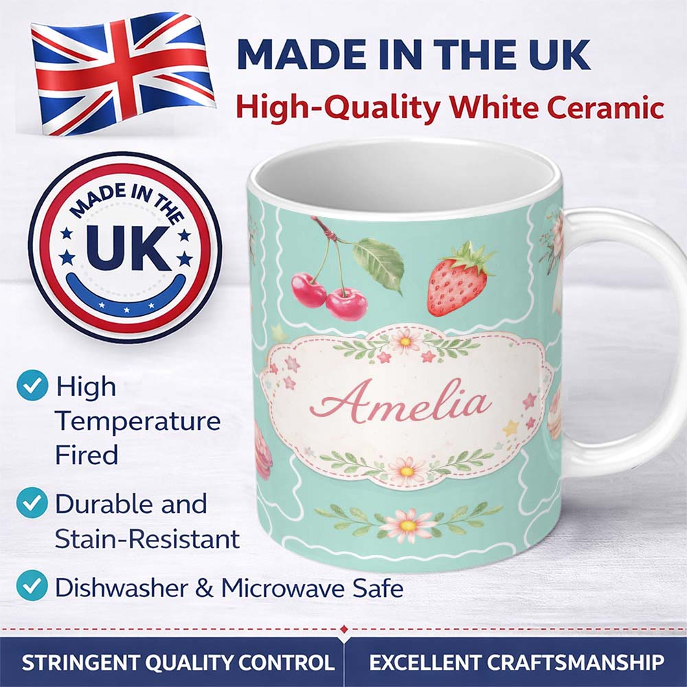 Personalized Custom Name Strawberry Cherry Bow Seamless Pattern Teal Frame Cute Coquette 11oz Ceramic Coffee Tea Mug White Large Handle