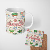 Personalized Custom Name Cute Kawaii Rainbow Sun Flowers Plant Pots Seamless Pattern Cream 11oz Ceramic Coffee Tea Mug White Large Handle