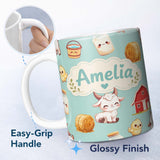 Personalized Custom Name Cute Farm Goat Barn Hay Bale Chick Milk Bucket Teal Background 11oz Ceramic Coffee Tea Mug White Large Handle