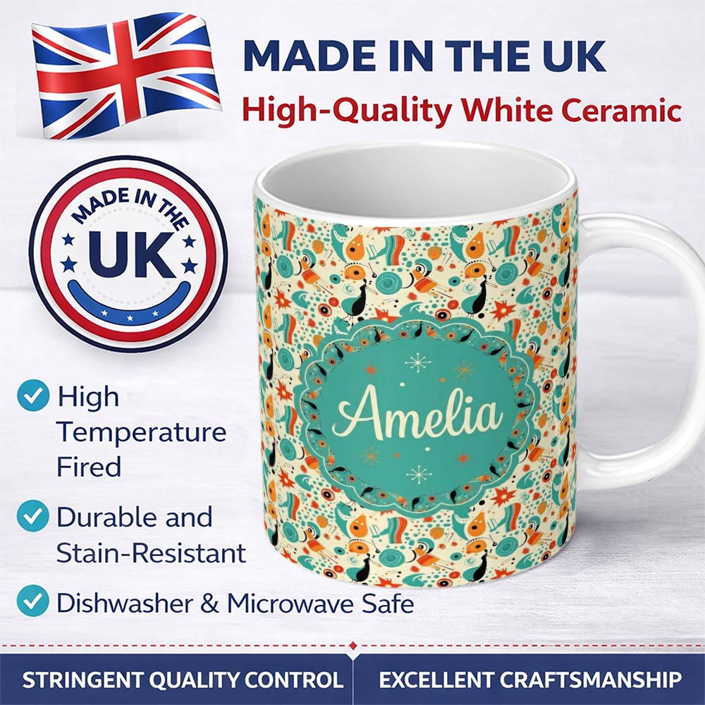 Personalized Custom Name Whimsical Abstract Birds and Shapes Teal Orange Mid Century Style 11oz Ceramic Coffee Tea Mug White Large Handle