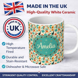Personalized Custom Name Whimsical Abstract Birds and Shapes Teal Orange Mid Century Style 11oz Ceramic Coffee Tea Mug White Large Handle