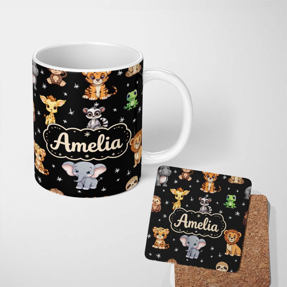 Personalized Custom Name Cute Cartoon Safari Animals with Stars on Black Background Nursery 11oz Ceramic Coffee Tea Mug White Large Handle