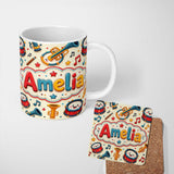 Personalized Custom Name Cute Musical Instruments Drums Trumpets Notes Fun Seamless Pattern 11oz Ceramic Coffee Tea Mug White Large Handle