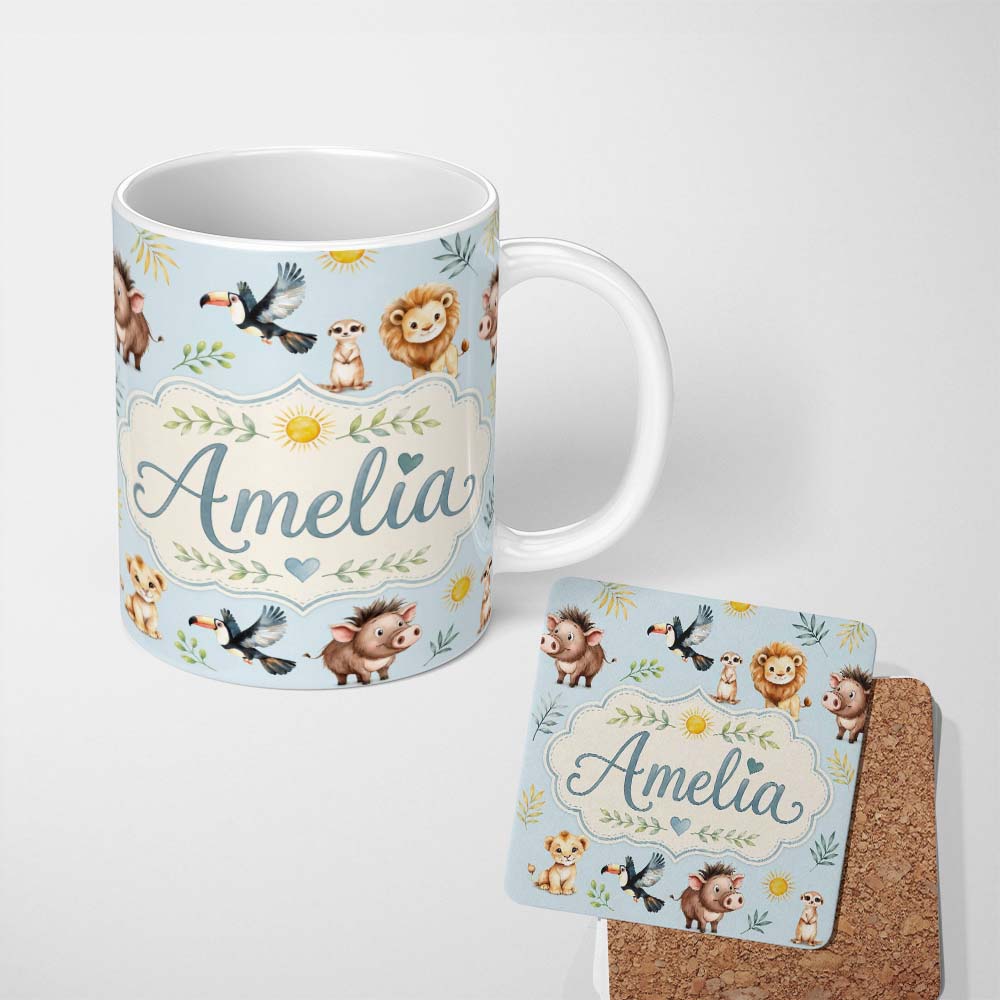 Personalized Custom Name Jungle Animals Lion Meerkat Toucan Boar on Soft Blue Seamless 11oz Ceramic Coffee Tea Mug White Large Handle
