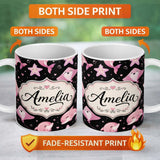 Personalized Custom Name Cute Pink Dolphins and Starfish Seamless Ocean Pattern Black Lovely 11oz Ceramic Coffee Tea Mug White Large Handle