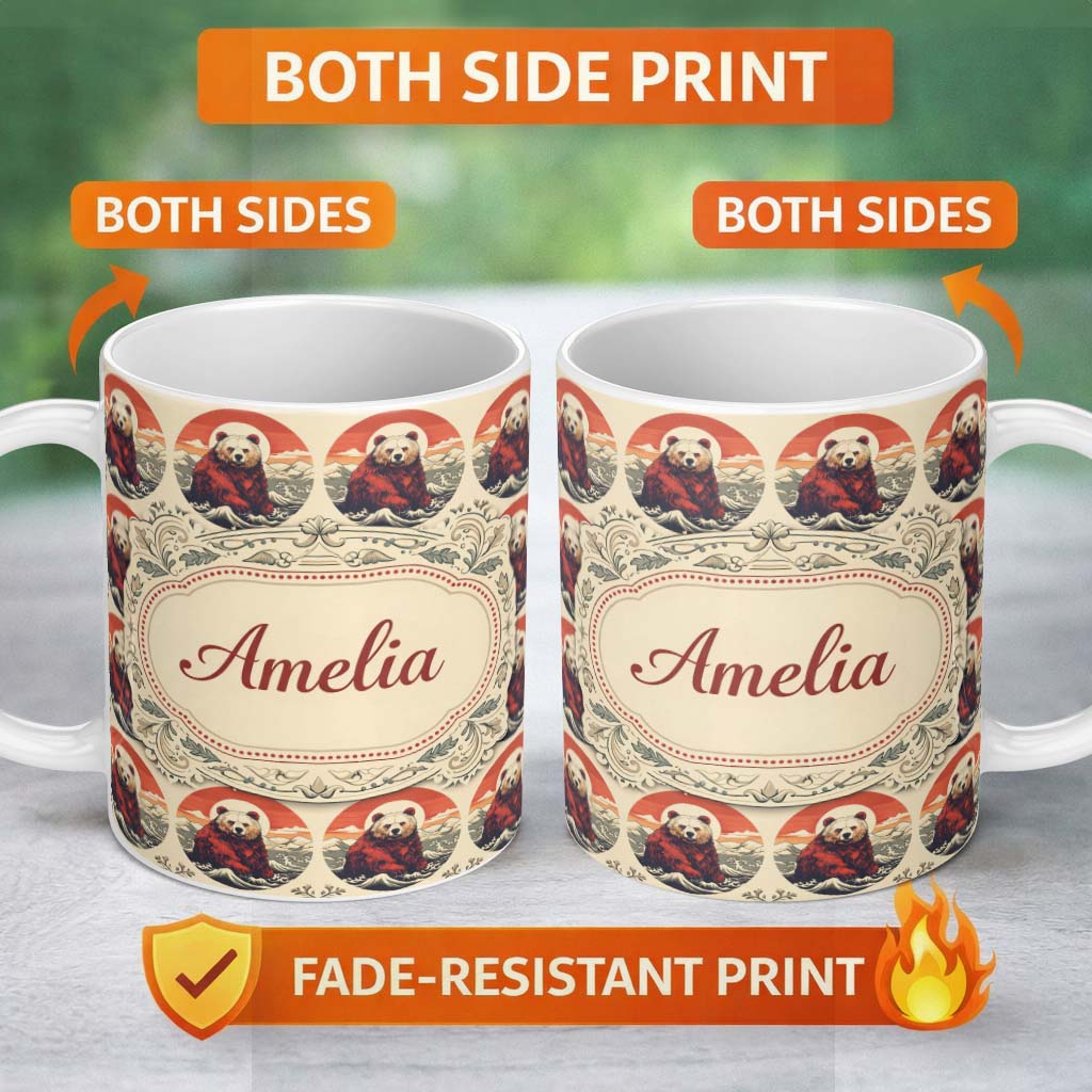 Personalized Custom Name Bear Mountain Circle Seamless Pattern Vintage Forest Wildlife Design 11oz Ceramic Coffee Tea Mug White Large Handle