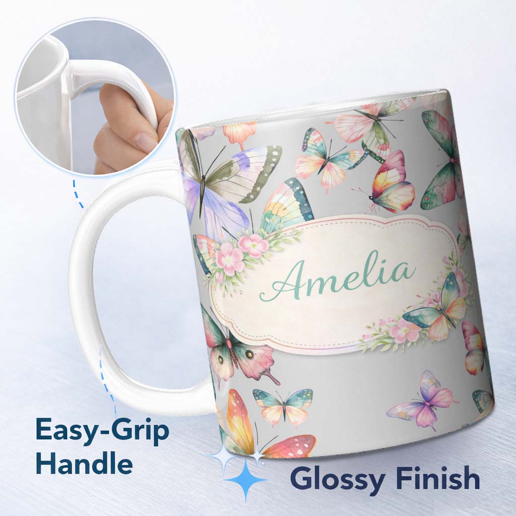 Personalized Custom Name Pastel Watercolor Butterflies Soft Grey Background Seamless Pattern 11oz Ceramic Coffee Tea Mug White Large Handle