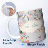 Personalized Custom Name Pastel Watercolor Butterflies Soft Grey Background Seamless Pattern 11oz Ceramic Coffee Tea Mug White Large Handle