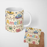 Personalized Custom Name Cute Cartoon UFO Aliens Galaxy Stars Space Seamless Pattern Lovely 11oz Ceramic Coffee Tea Mug White Large Handle
