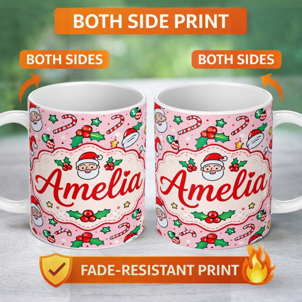 Personalized Custom Name Cute Santa Holly Candy Cane Bauble Seamless Pattern Christmas Lovely 11oz Ceramic Coffee Tea Mug White Large Handle