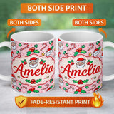 Personalized Custom Name Cute Santa Holly Candy Cane Bauble Seamless Pattern Christmas Lovely 11oz Ceramic Coffee Tea Mug White Large Handle