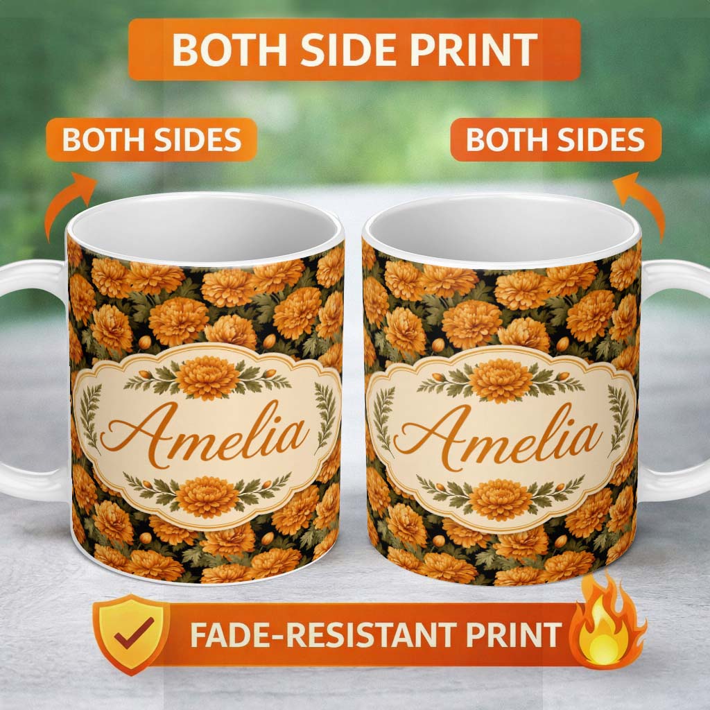Personalized Custom Name Orange Marigold Floral on Black Seamless Pattern Cute Unique Gift 11oz Ceramic Coffee Tea Mug White Large Handle