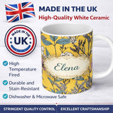 Personalized Custom Name Vintage Botanical Floral Illustration Yellow Background Lovely 11oz Ceramic Coffee Tea Mug White Large Handle