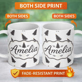 Personalized Custom Name Minimal Christmas Tree Pattern Grey Background Simple Holiday Lovely 11oz Ceramic Coffee Tea Mug White Large Handle