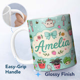 Personalized Custom Name Cute Kawaii Garden Tools Plants Bees Seamless Pattern Mint Floral 11oz Ceramic Coffee Tea Mug White Large Handle