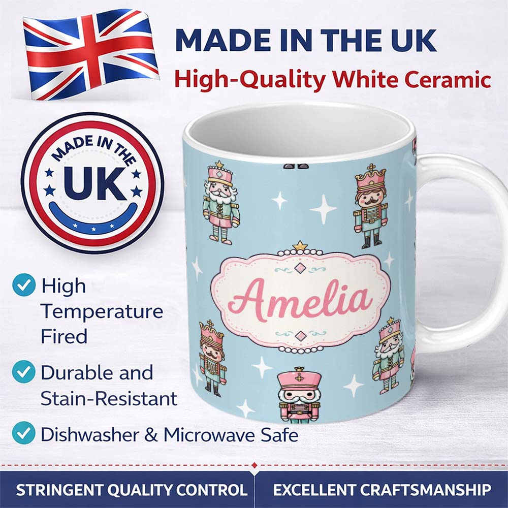 Personalized Custom Name Cute Nutcracker Soldiers Christmas Toy Characters Pattern Soft Blue 11oz Ceramic Coffee Tea Mug White Large Handle