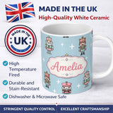 Personalized Custom Name Cute Nutcracker Soldiers Christmas Toy Characters Pattern Soft Blue 11oz Ceramic Coffee Tea Mug White Large Handle