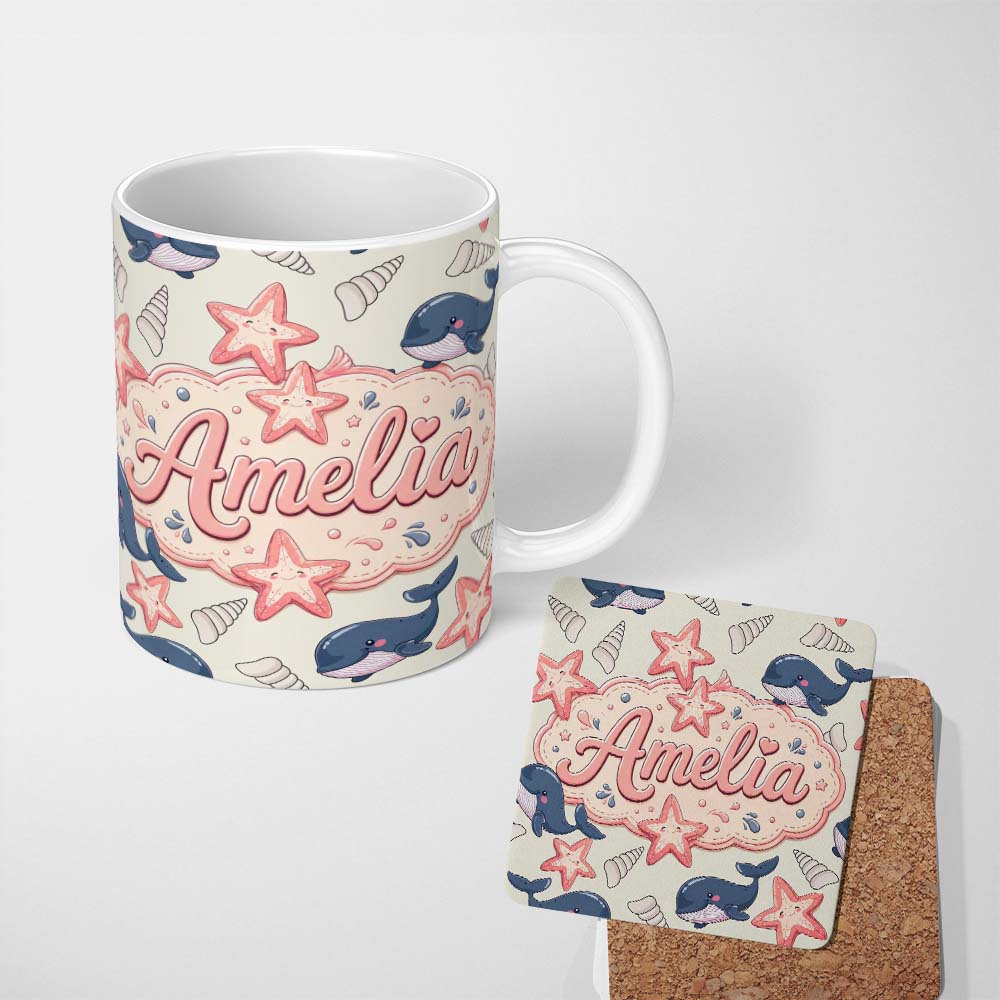 Personalized Custom Name Cute Kawaii Whale Starfish Seashell Ocean Animals Beige Background 11oz Ceramic Coffee Tea Mug White Large Handle