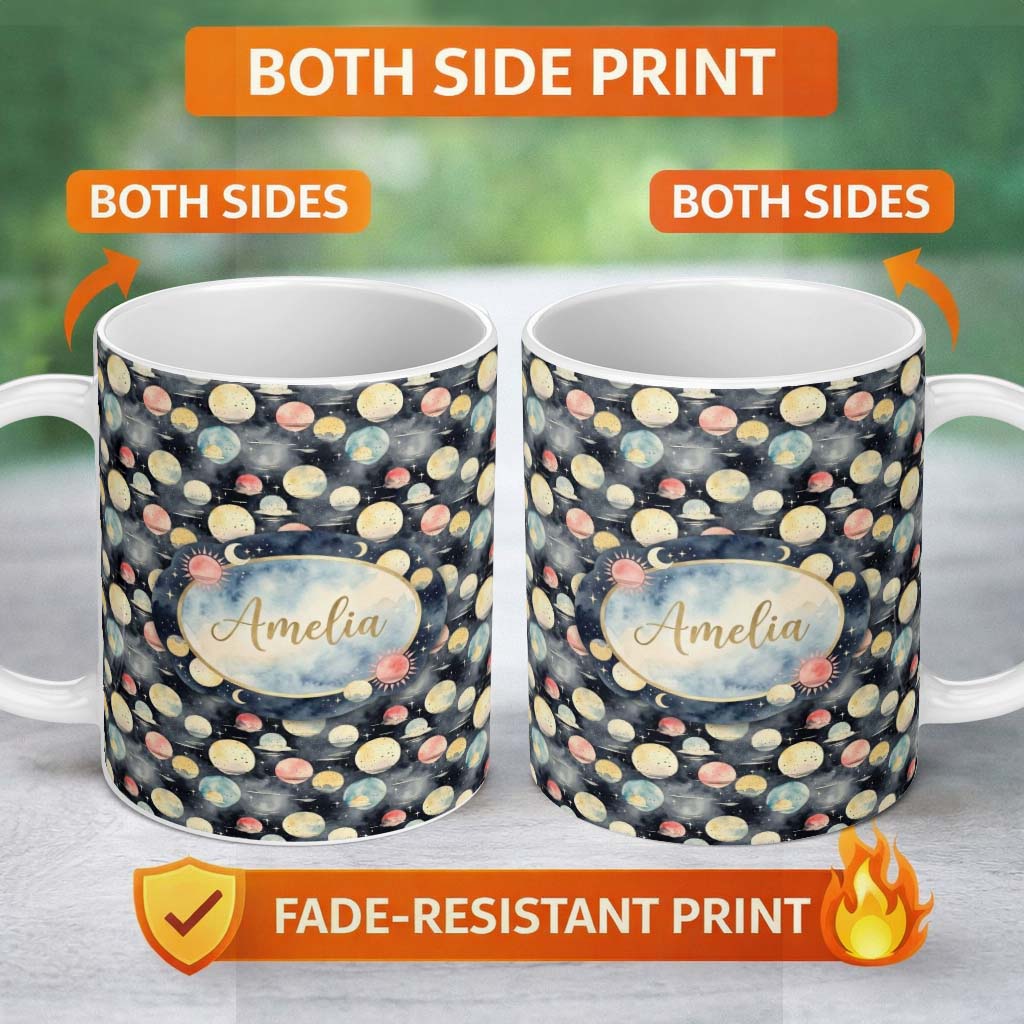 Personalized Custom Name Colorful Planet Space Galaxy Seamless Pattern Cute Unique Gift 11oz Ceramic Coffee Tea Mug White Large Handle