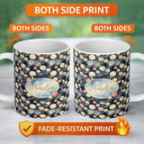 Personalized Custom Name Colorful Planet Space Galaxy Seamless Pattern Cute Unique Gift 11oz Ceramic Coffee Tea Mug White Large Handle