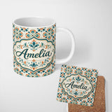 Personalized Custom Name Decorative Floral Tile Pattern Teal Orange and Cream Seamless Lovely 11oz Ceramic Coffee Tea Mug White Large Handle