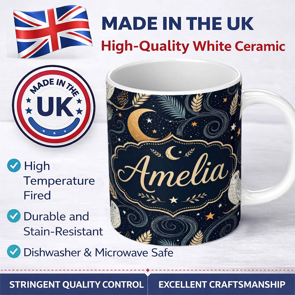 Personalized Custom Name Moon Floral Night Sky Botanical Seamless Pattern Cute Unique Gift 11oz Ceramic Coffee Tea Mug White Large Handle