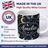 Personalized Custom Name Moon Floral Night Sky Botanical Seamless Pattern Cute Unique Gift 11oz Ceramic Coffee Tea Mug White Large Handle
