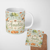 Personalized Custom Name Woodland Fox with Trees Leaves Mushrooms Soft Green Seamless 11oz Ceramic Coffee Tea Mug White Large Handle