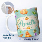 Personalized Custom Name Cute Halloween Pumpkin Candy Characters Mint Background Seamless 11oz Ceramic Coffee Tea Mug White Large Handle