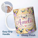 Personalized Custom Name Colorful Watercolor Butterflies on Soft Yellow Background Seamless 11oz Ceramic Coffee Tea Mug White Large Handle