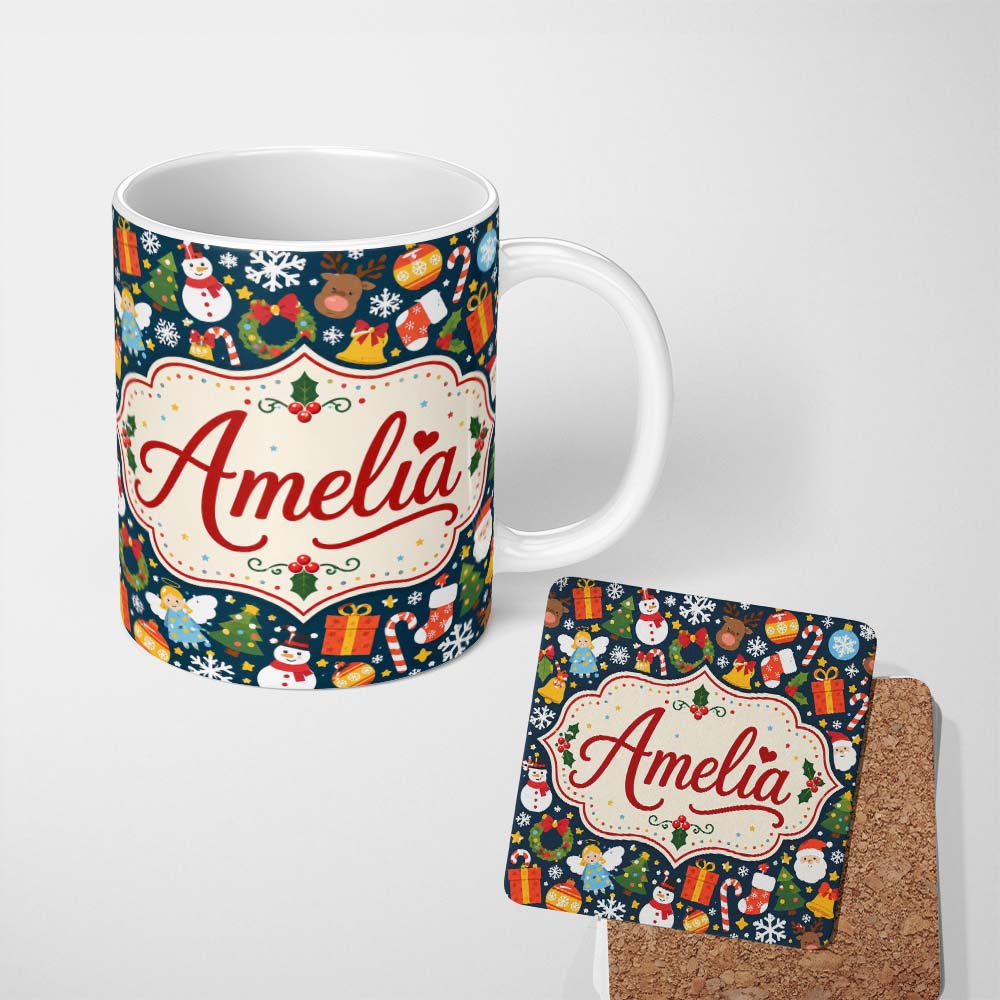 Personalized Custom Name Cute Christmas Santa Snowman Reindeer Gift Seamless Pattern Festive 11oz Ceramic Coffee Tea Mug White Large Handle