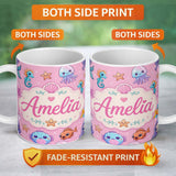 Personalized Custom Name Cute Kawaii Mermaid Seahorse Jellyfish and Starfish Soft Pink Lovely 11oz Ceramic Coffee Tea Mug White Large Handle