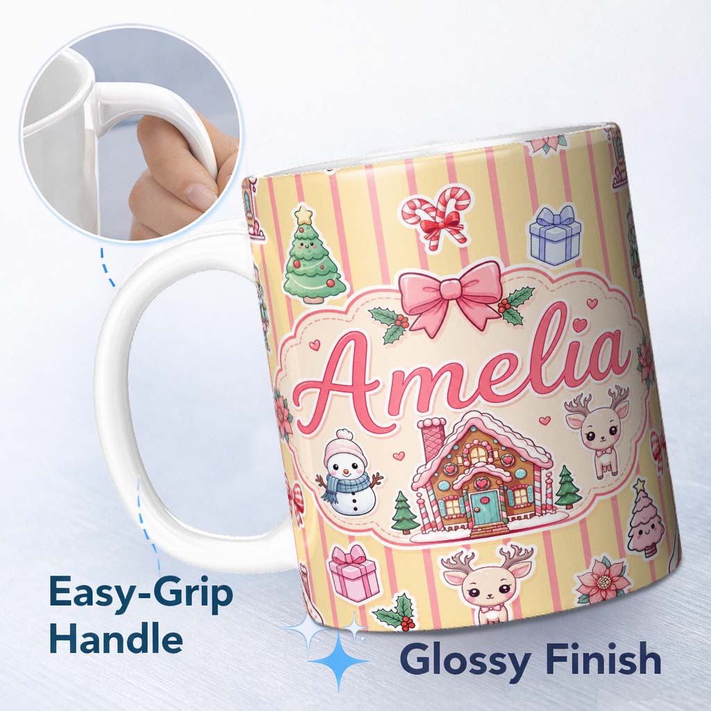 Personalized Custom Name Cute Christmas Festive Stickers Gingerbread House Tree Yellow Stripe 11oz Ceramic Coffee Tea Mug White Large Handle