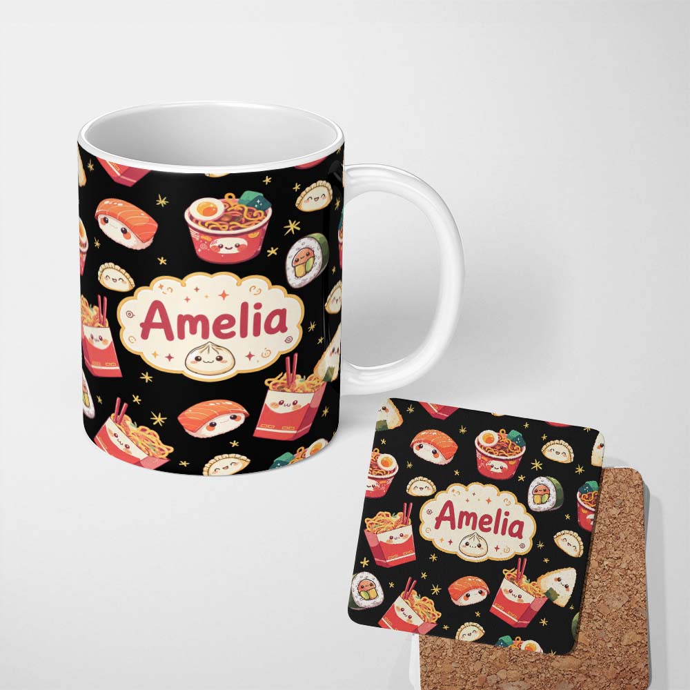 Personalized Custom Name Cute Kawaii Sushi Ramen Dumpling Food Black Background Seamless 11oz Ceramic Coffee Tea Mug White Large Handle
