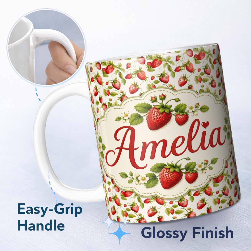 Personalized Custom Name Fresh Strawberries and Green Leaves on Light Background Seamless 11oz Ceramic Coffee Tea Mug White Large Handle
