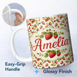 Personalized Custom Name Fresh Strawberries and Green Leaves on Light Background Seamless 11oz Ceramic Coffee Tea Mug White Large Handle